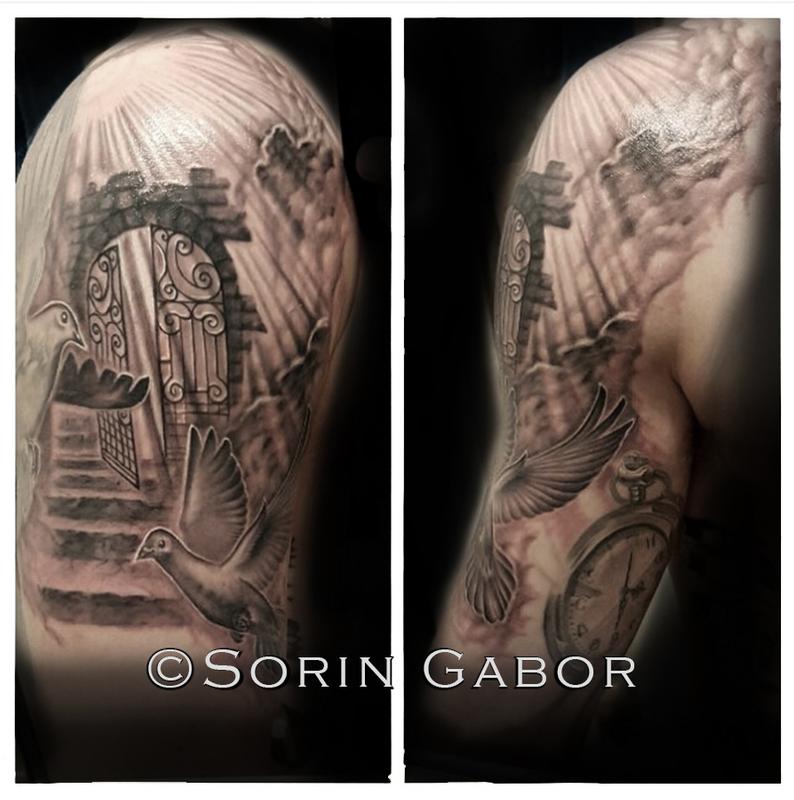 Realistic black and gray doves, gate, rays, and clouds tattoo by Sorin  Gabor: TattooNOW