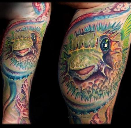 Tattoos - realistic color puffer fish and octopus tattoo - 131423