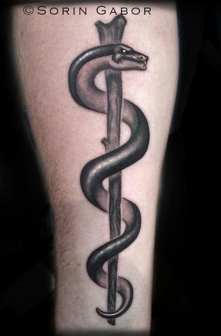 Tattoos - Illustrative black and gray caduceus snake and staff tatto - 120423