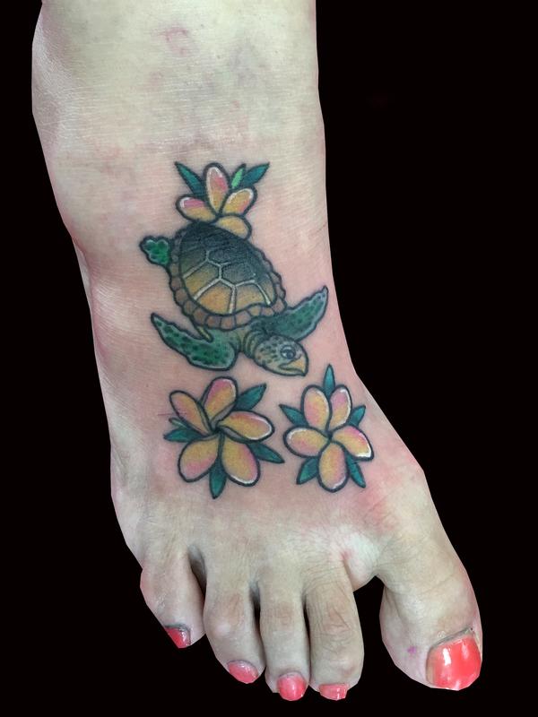 Sea turtle & Plumeria by Adam Considine: TattooNOW