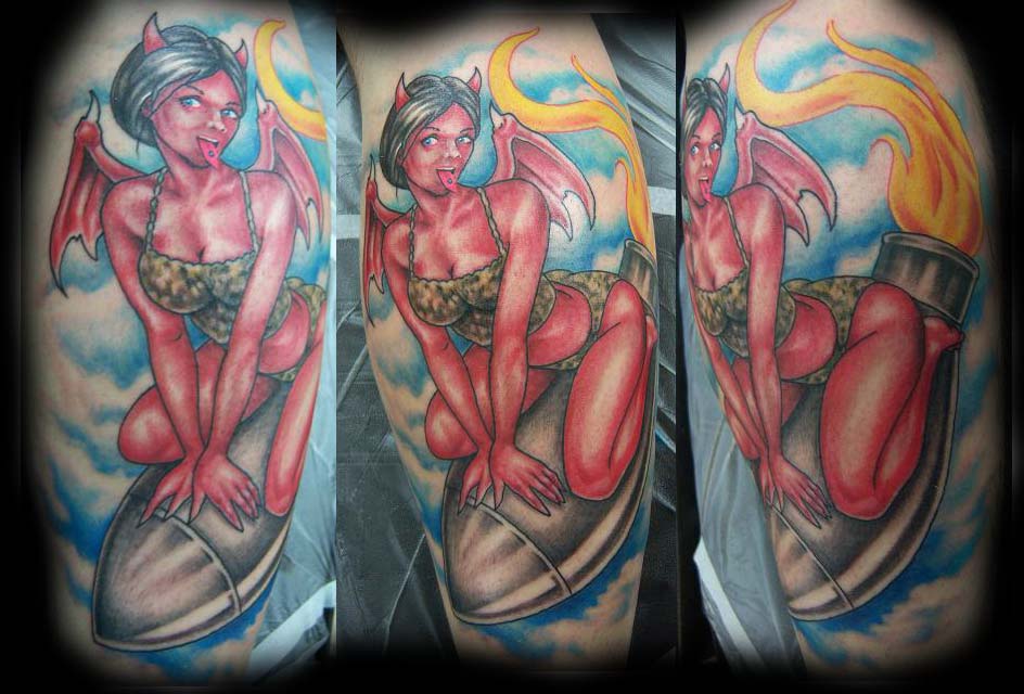 Tattoos - Devil Girl Riding a Bomb Tattoo - 24592