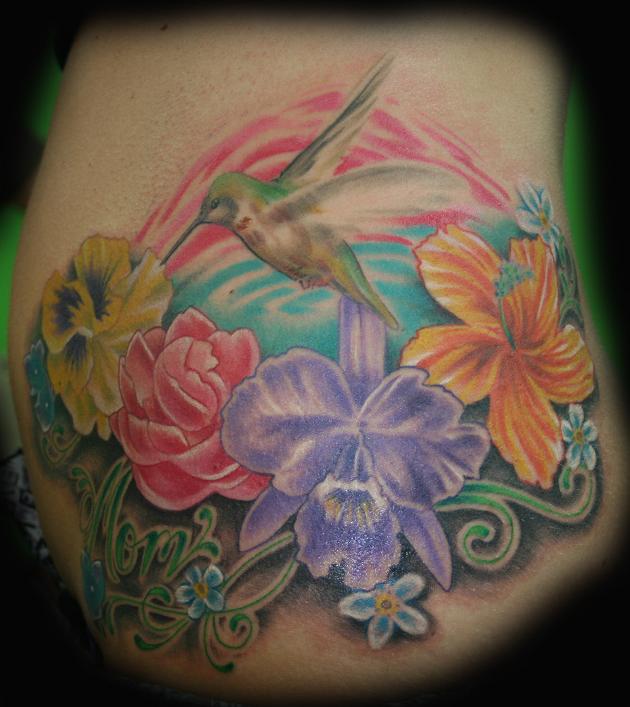 Tattoos - Hummingbird floral Tattoo - 29555