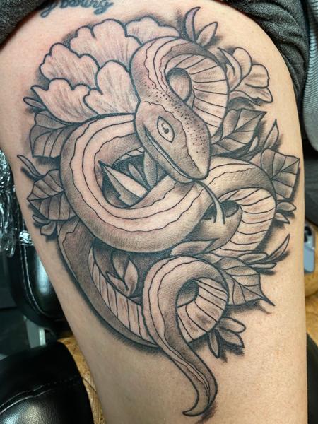Stevie Monie - Illustrative Snake and Flower Tattoo 