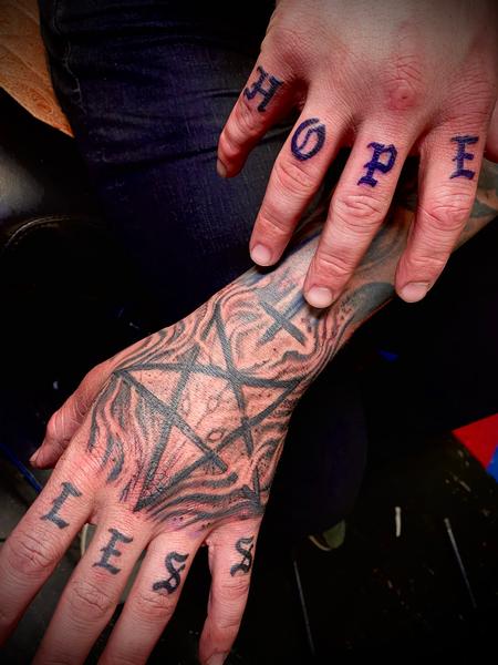 Stevie Monie - Baphomet Pentagram Hand Tattoo By Tattoomoney creator 