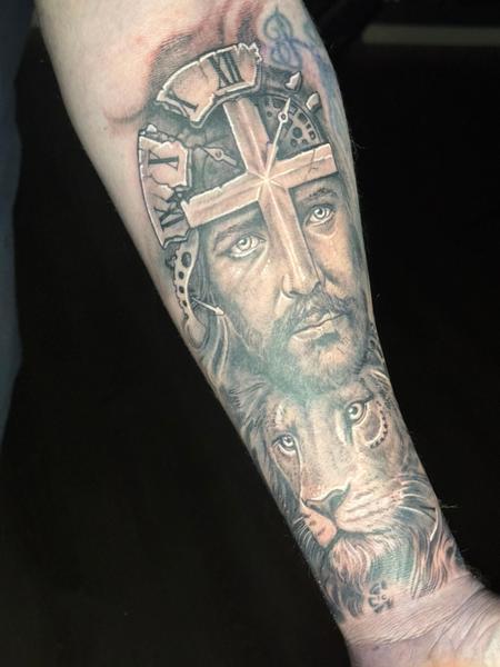 Tattoos - Jesus Lion Cross Clockwirh Roman Numerals Tattoo by @steviemonietattoos - 148404