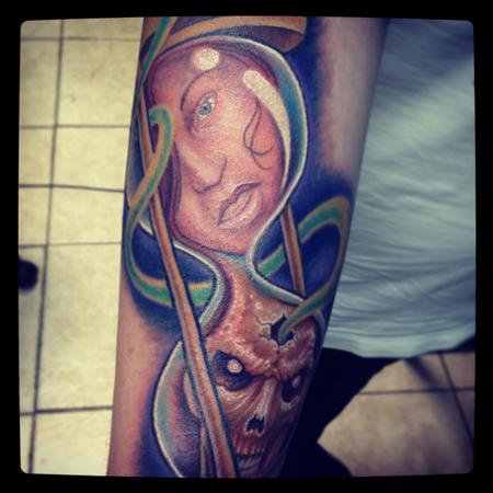 Stevie Monie - Good versus Evil Hourglass color tattoo