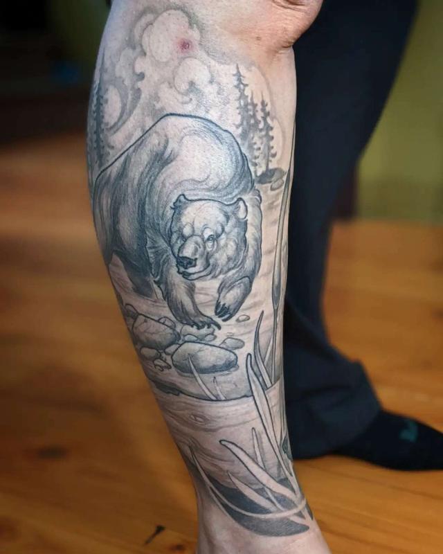 Realistic Flower Bear Thigh Tattoo by Pawel Skarbowski