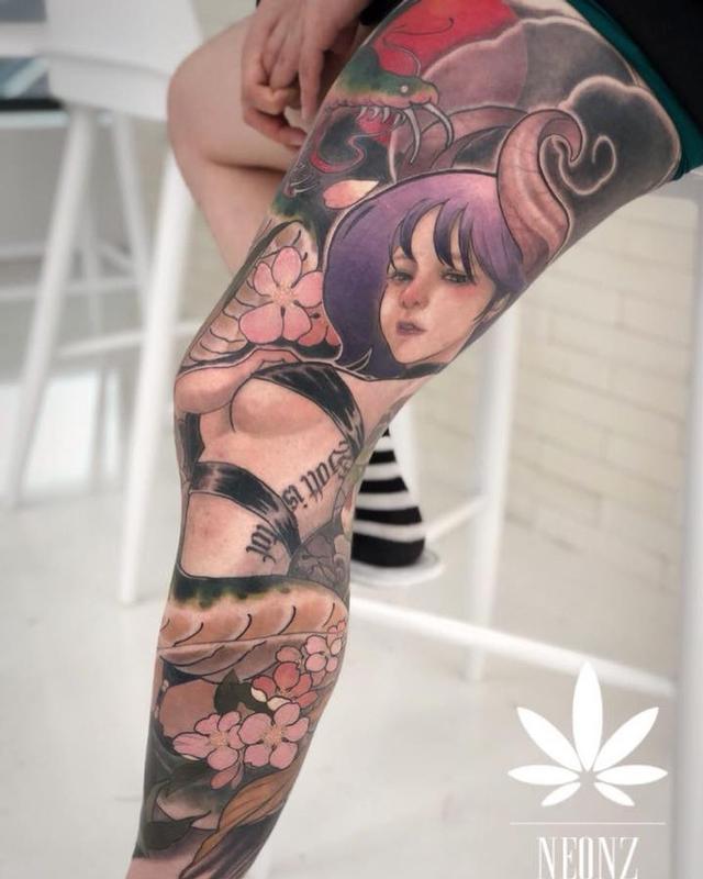Leg Sleeve Pin-Up Girl by NEONDRUGART: TattooNOW Leg Sleeve Pin-Up Girl by NEONDRUGART: TattooNOW
