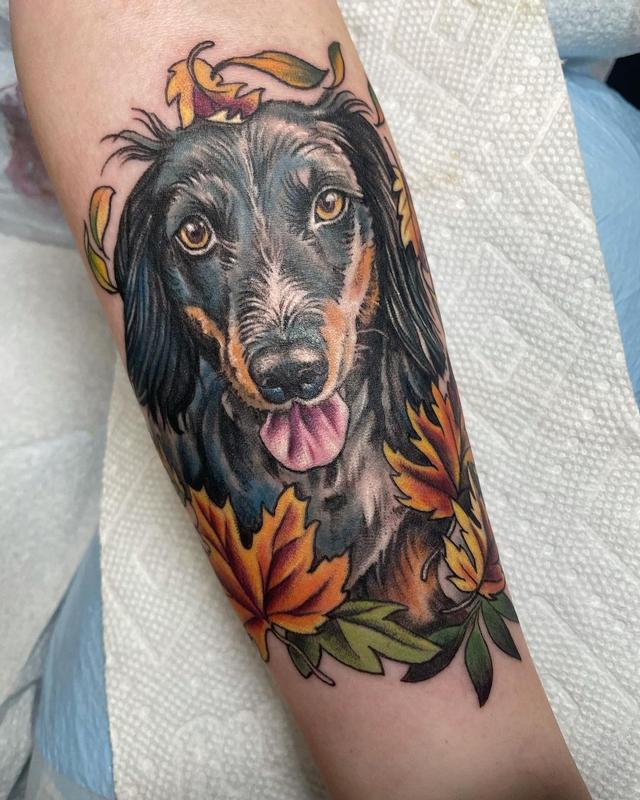Dog Portrait Tattoo On Right Forearm