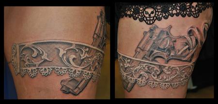 TattooSlick  Bang bang Stil have a bit more to go on the garter but  you get the idea staytuned tattoos inked blackandgrey greywash  realistic realism dope fresh gun revolver garter lace 