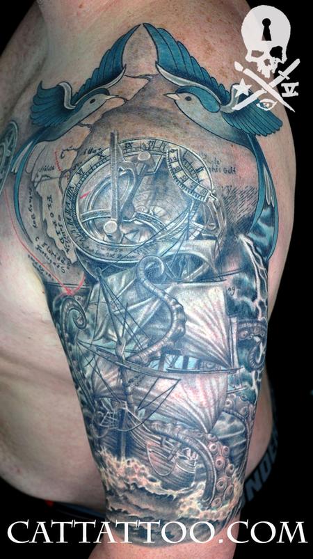 Tattoos - Ship Kraken Sundial Compass Sleeve - 115218