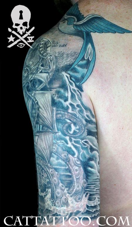 Tattoos - Ship Kraken Sundial Compass Sleeve - 115217