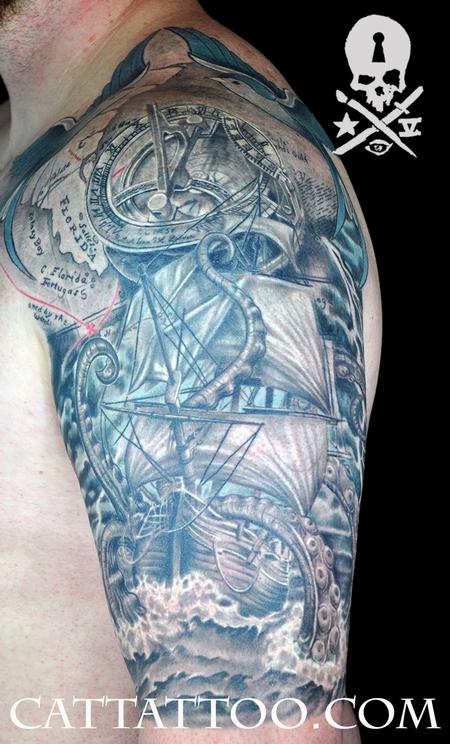Tattoos - Ship Kraken Sundial Compass Sleeve - 115219