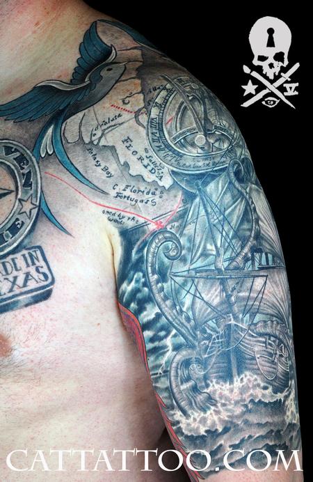 Tattoos - Ship Kraken Sundial Compass Sleeve - 115220