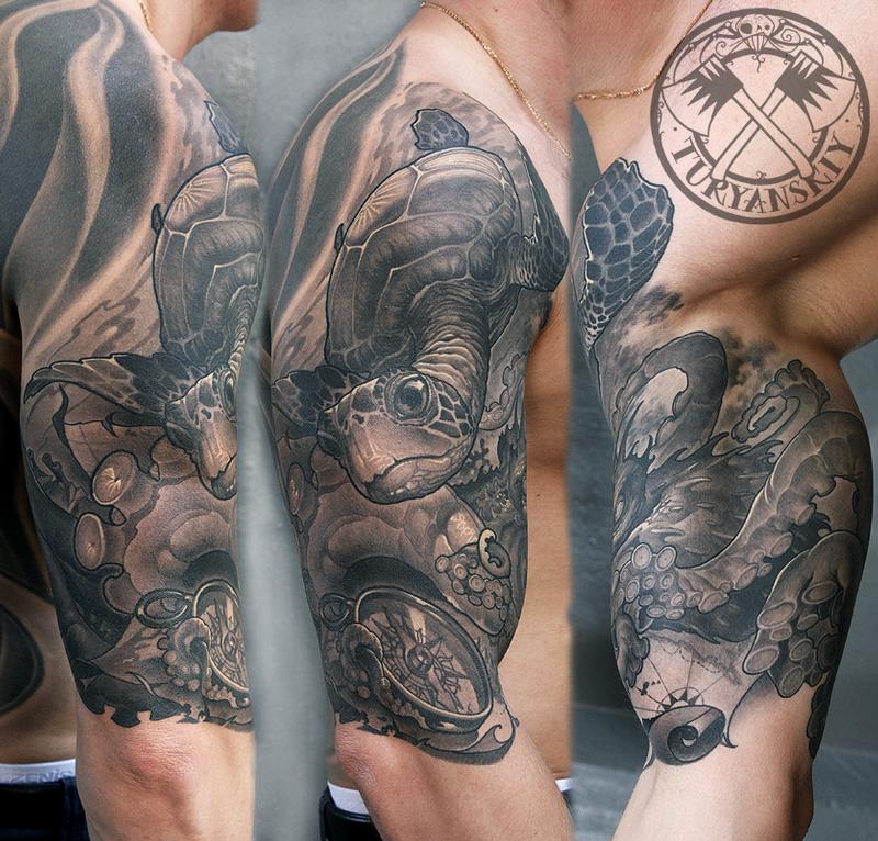 Turtle and Octopus Tattoo by Oleg Turyanskiy TattooNOW