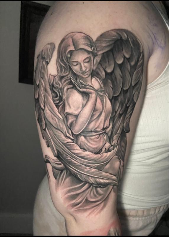 Grey Ink Baby Angel Tattoo On Back