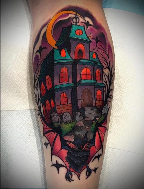 Pin by Jennifer Covert on Tattoos  Haunted house tattoo Neo traditional  tattoo Home tattoo