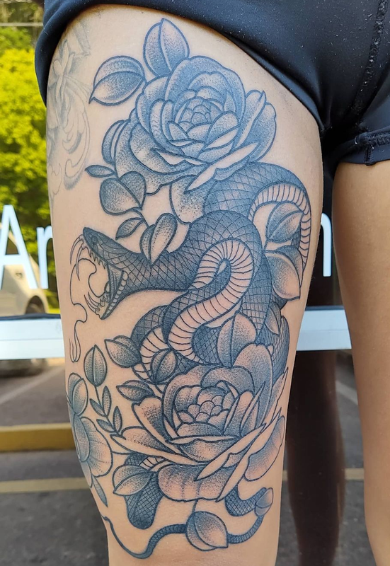 Snake and roses by Drew Potts: TattooNOW