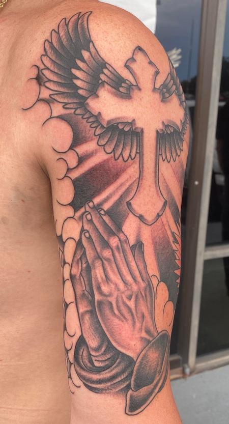 Cross and Praying Hands Tattoo by John Clark TattooNOW