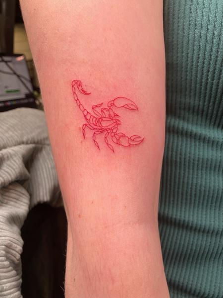 Red scorpion tattoo by Riley Muller at Unify Tattoo Company