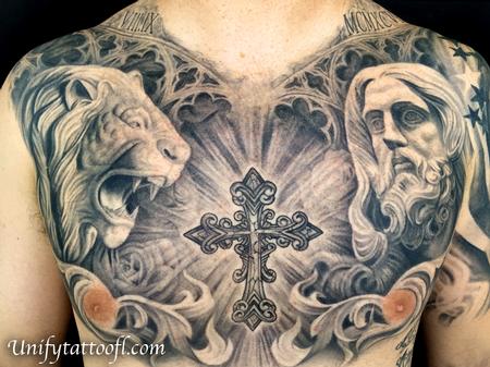 Tattoos - Black and Gray Chest Tattoo - 119186
